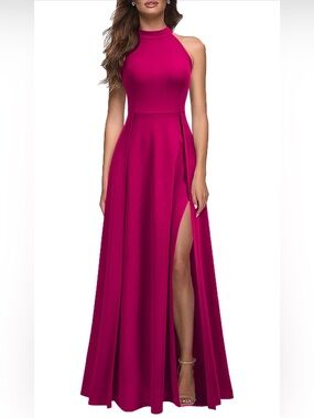 Elegant Double Slit Pink Halter Maxi Dress Size Large
